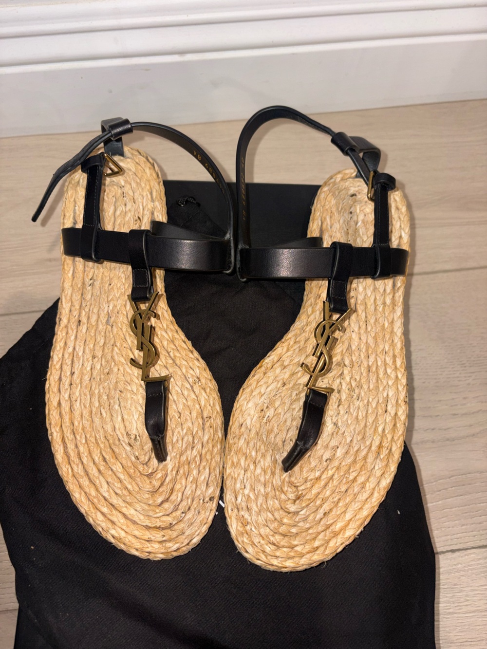 Saint Laurent Black Leather Raffia Logo Sandals with Gold Hardware
